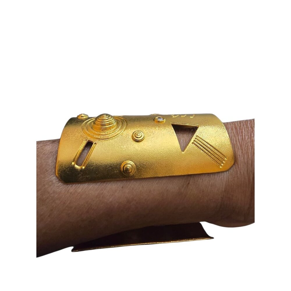 Vintage 80s Sand Blasted Matte Gold Modernist Cuff Bracelet (A9261) - Picture 4 of 9
